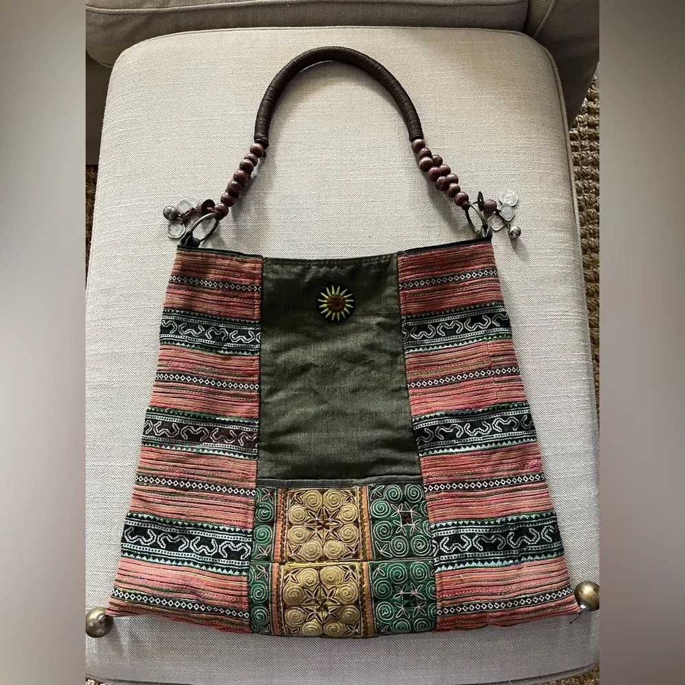GORGEOUS tribal tapestry boho handmade fabric purse bag metal wood beads hippie